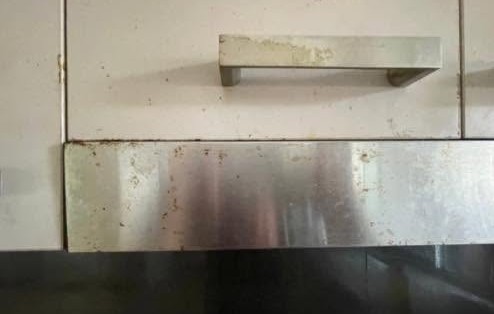 Kitchen cupboards and rangehood before cleaning